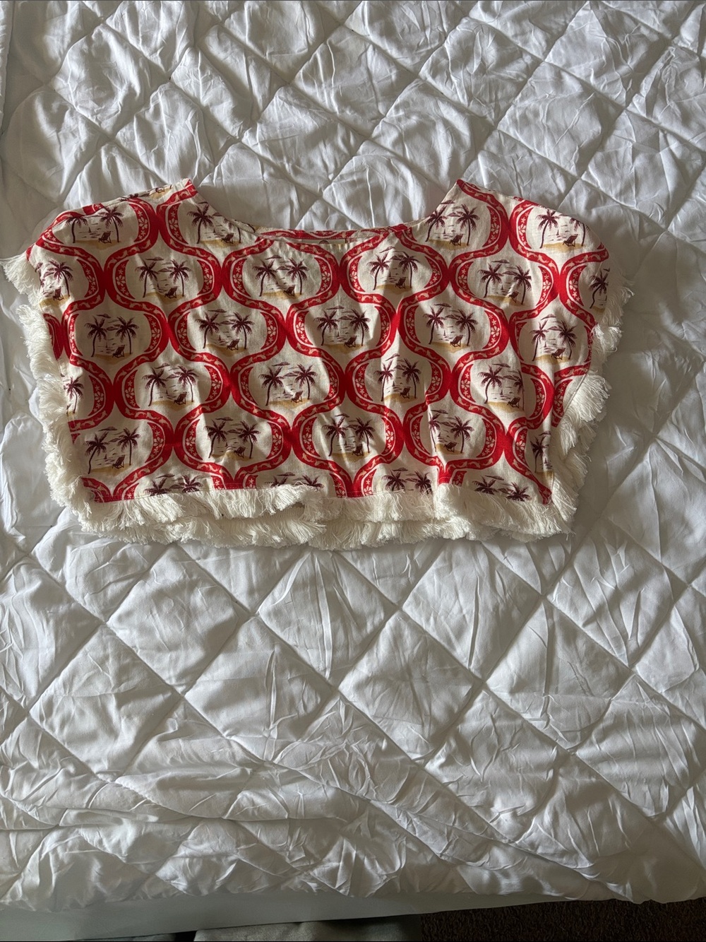 FARM Rio Red & Cream Palm-Print Fringe Crop Top